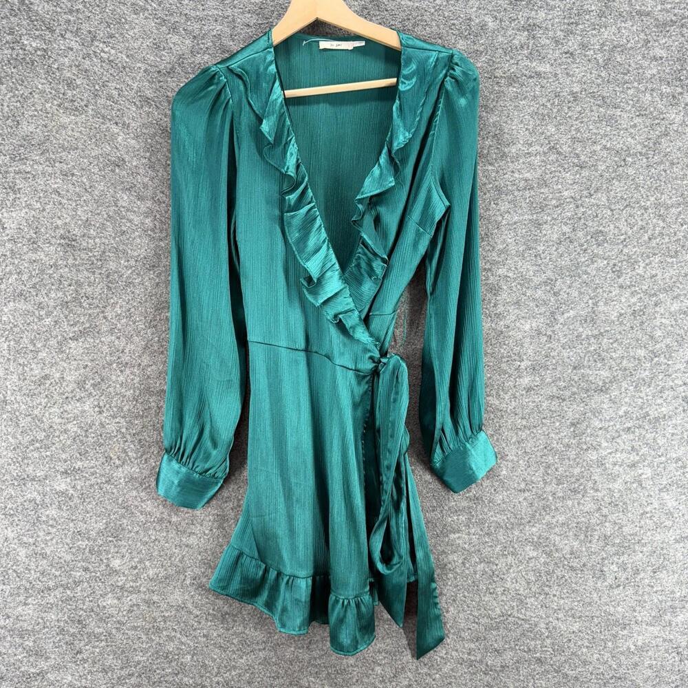 Miami Wrap Dress Women M Medium Blue Short V-Neck Long Sleeve Tasseled Belted